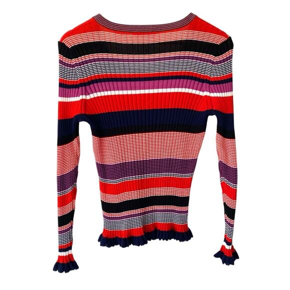 Hugo Boss Ruffled Hem Sleeve Stripe Knit Stretchy Sweater size medium Red Blue - Picture 7 of 9